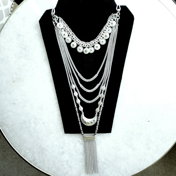 LUCKY BRAND SILVER TONE SEMIPRECIOUS ACCENTS MULTI CHAIN LAYERED NECKLACE - Picture 2 of 5